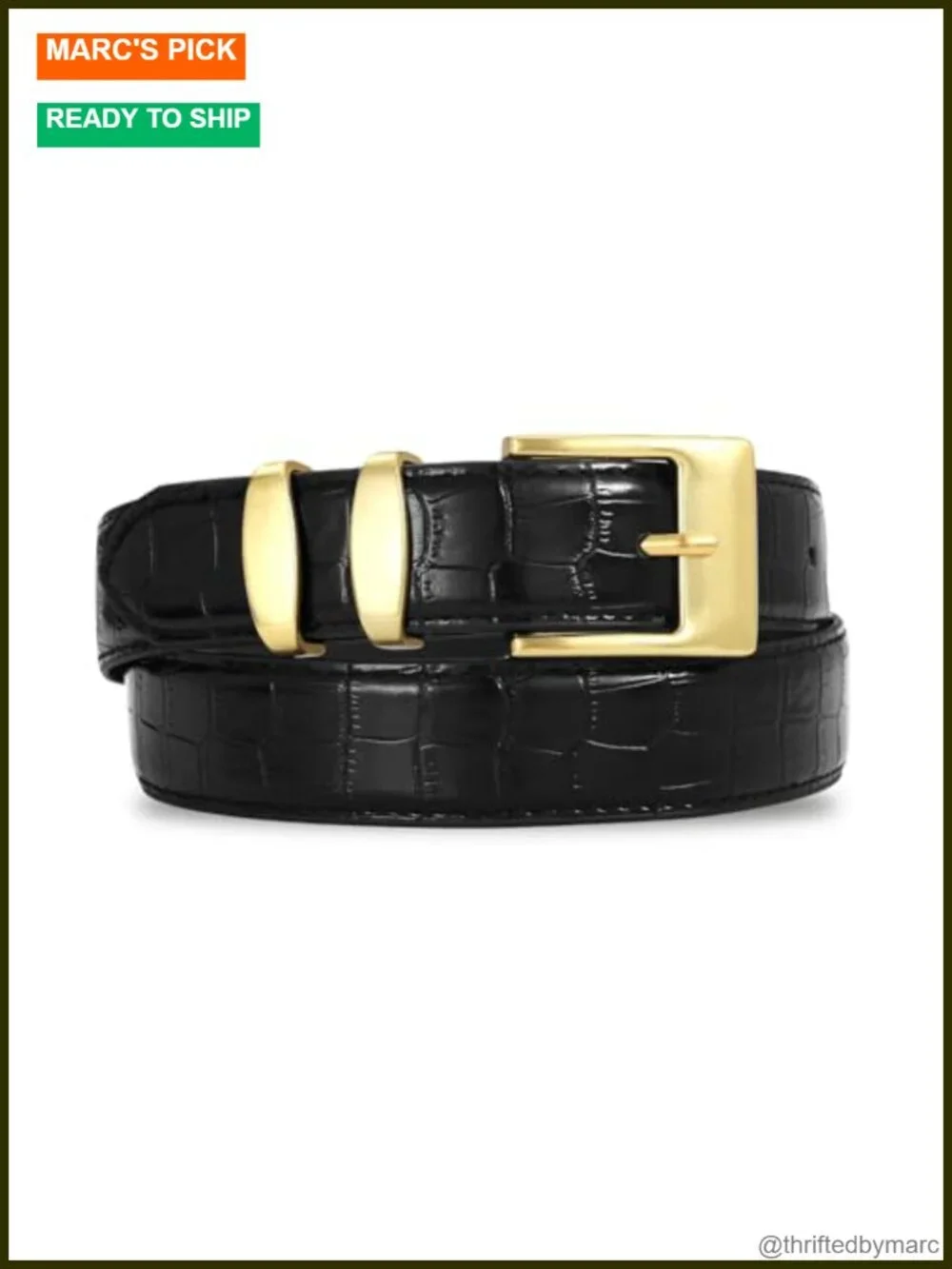 Synthetic Leather Crocodile Texture Belt with Gold Square Buckle